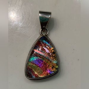 Vintage glass rainbow colored pendant set in sterling silver